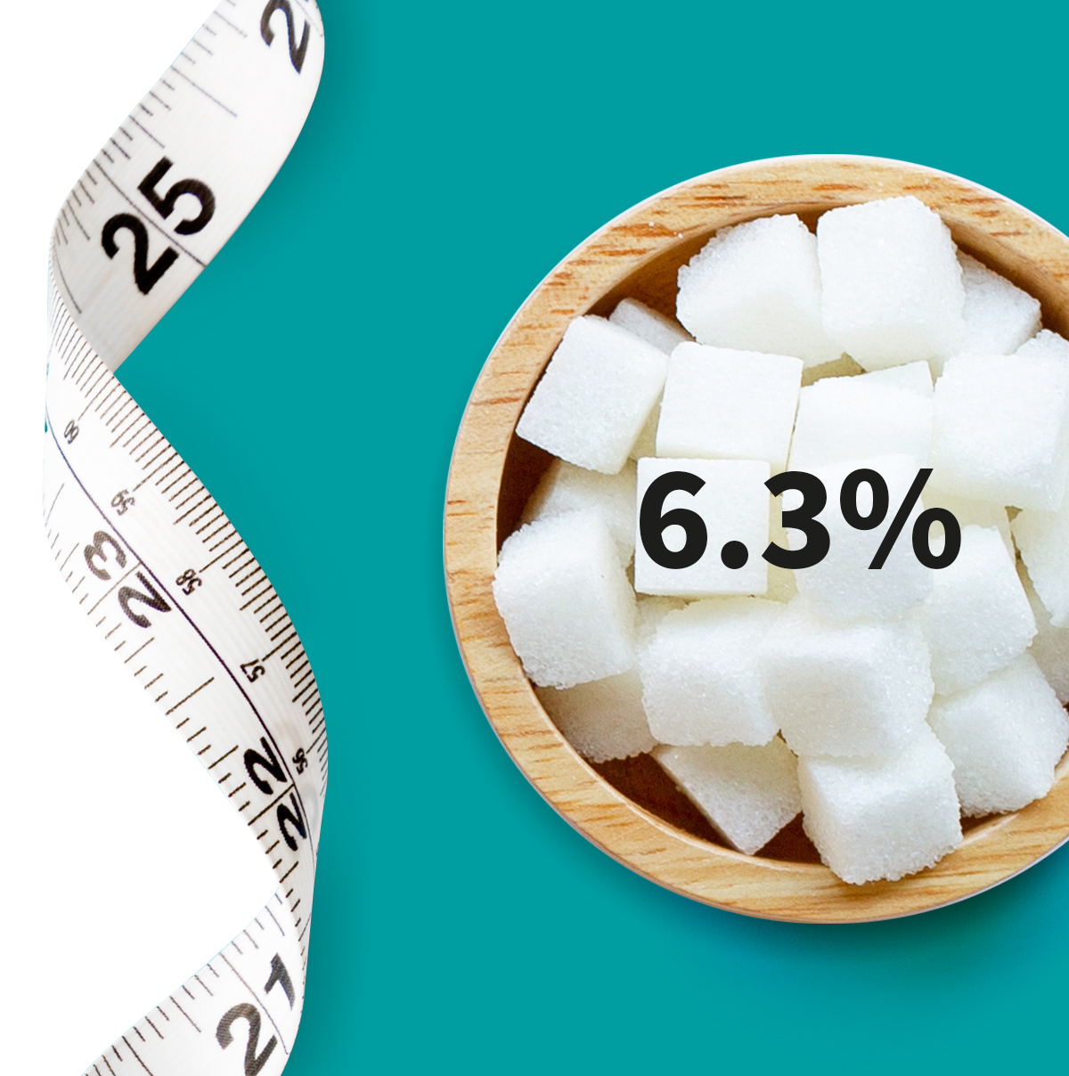 [.PL-pl Poland (polish)] •	A measuring tape and a bowl full of sugar cubes shown as a metaphor for diabetes